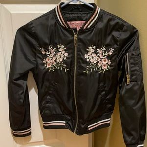 Girls Urban Republic satin lightweight jacket-embroidered flower details.